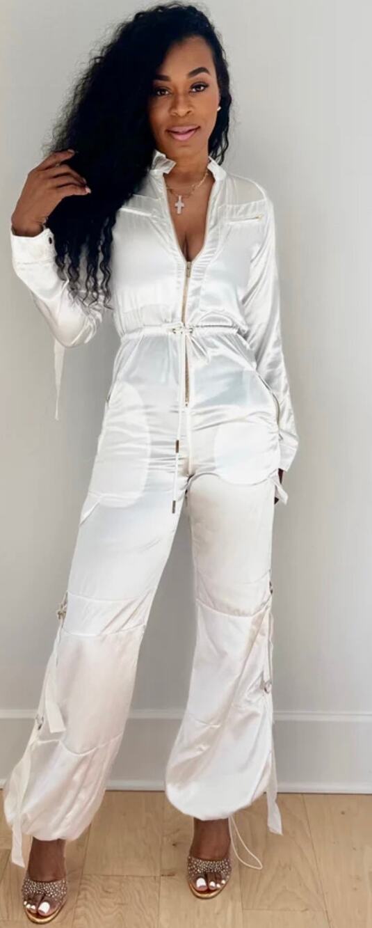Rosevelvet small off white NEW satin like joggers jumpsuit ($98 retail zip front